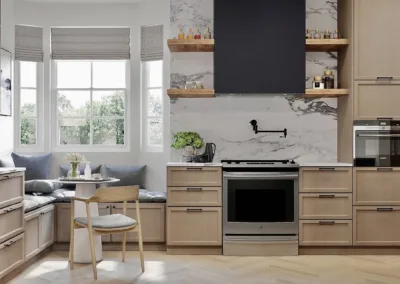 A modern kitchen with wooden cabinets and marble counter tops.